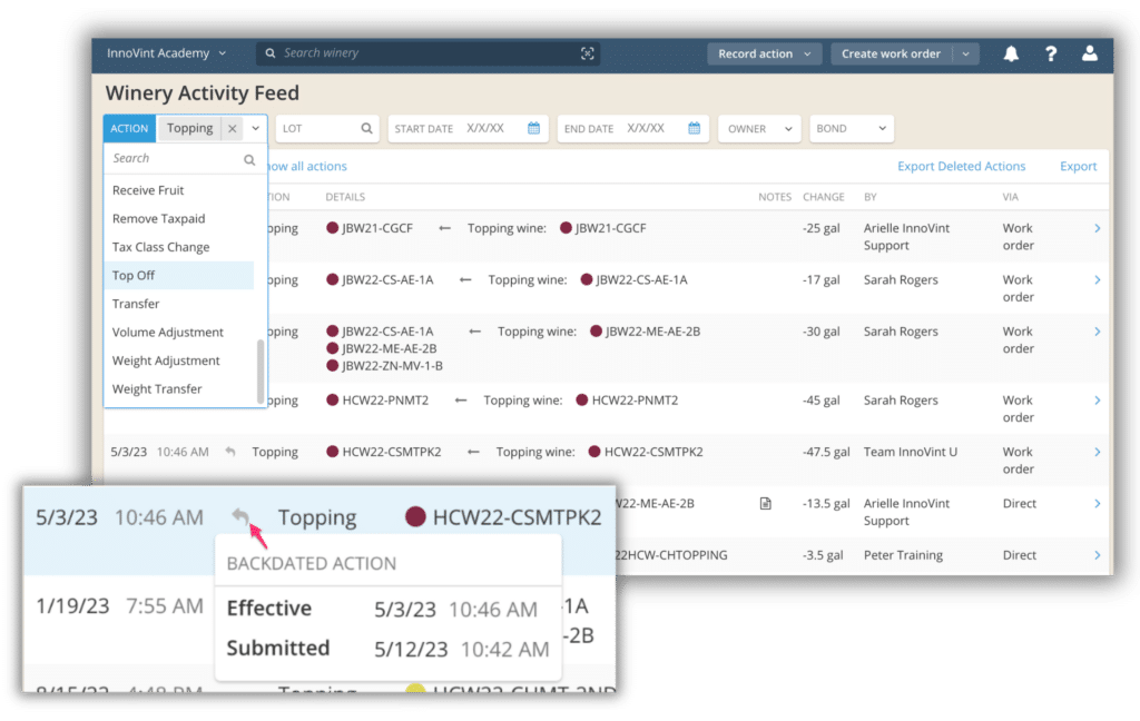 Winery Activity Feed screenshot in InnoVint web app