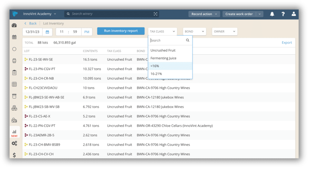 Screen view of the lot inventory report feature on InnoVint.